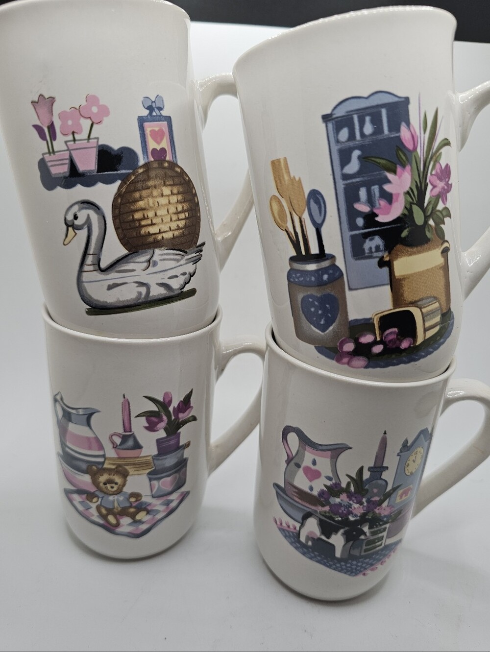 NOS Vintage 80s Cottagecore Mug Set Swan Bear